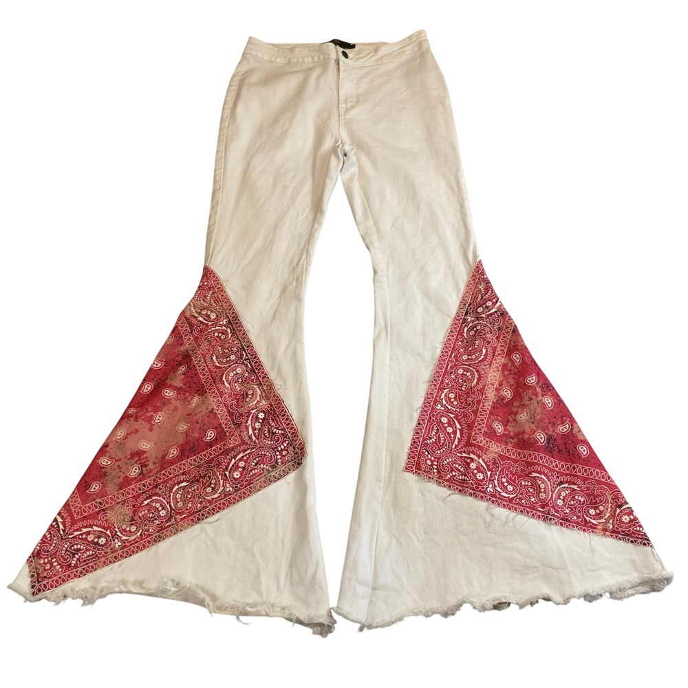 Lucky & Blessed 8 White Bandana Flare Jeans Red Paisley Bell Bottoms OP0557